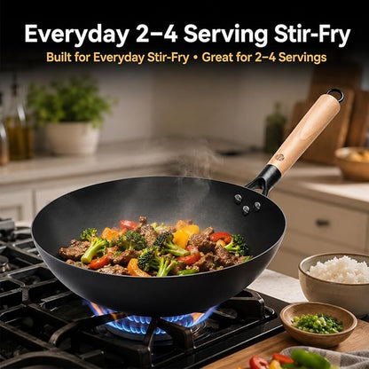 WANGYUANJI 12.6 Inch Carbon Steel Wok Pan with Glass Lid and Spatula, Nitrided Flat Bottom Wok Set, Uncoated Stir Fry Pan for 2-4 Servings, Gas, Electric, Ceramic and Induction Cooktops