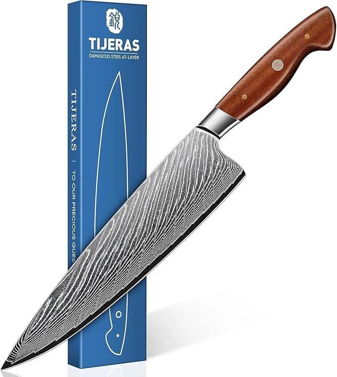 TIJERAS Damascus Chef Knife, Japanese Kitchen Knives 9 inch with Damascus 67-Layer Steel, Sharp Professional Cooking Knives with Wood Handle, Birthday Gifts for Men Women