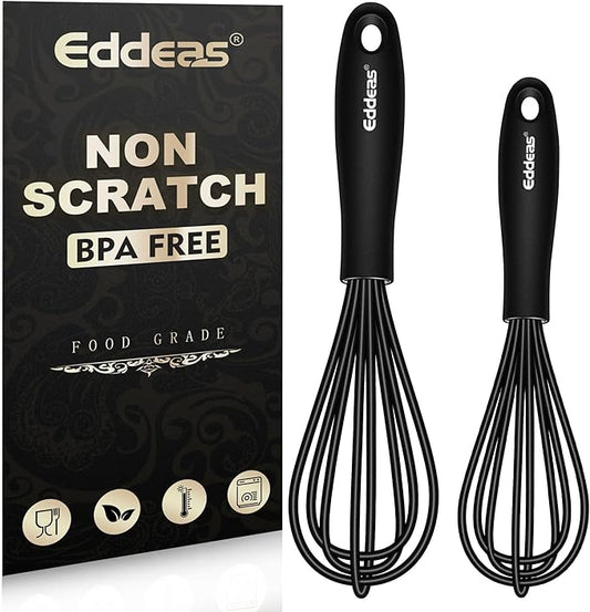 Eddeas Silicone Mini Whisk, Small whisks Non-Stick Tiny Whisks set of 2（5.5in & 7.5in）-Heat Resistant (450°F) Whisks, Balloon Egg Beater Perfect for Whisking, Beating, Mixing, Blending, Black