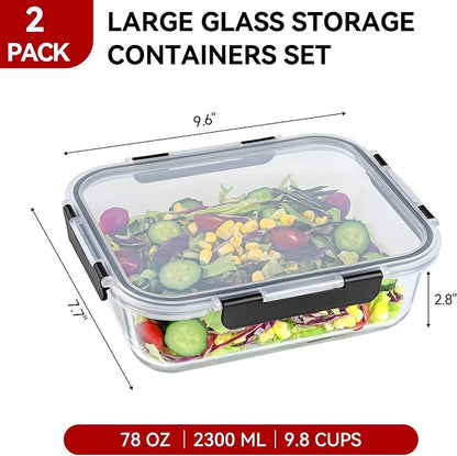GEHE 2 Pack 78oz Large Glass Storage Containers with Lids, Meal Prep Container, Glass Food Storage Containers for Roasting, Serving, Leakproof, Microwave, Freezer and Dishwasher Safe, BPA Free