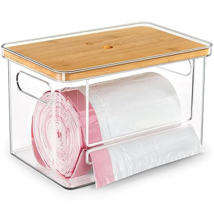 Stackable Trash Bag Dispenser with Wooden Top for Holding 13/30/33-Gallon Large Bag Sizes – Extra-Large Garbage Bag Holder with Anti-Slip Base, Trash Bag Dispenser Under Sink (11.5"x7.5"x7" inches)