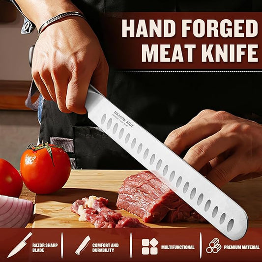 DRAGON RIOT 10 inch Premium Brisket Knife, Razor Sharp Carving Knife with Ergonomic Handle Design, Granton Edge, Hand Forged Brisket Slicing Knife for Meat and BBQ Cuting Gift for Men