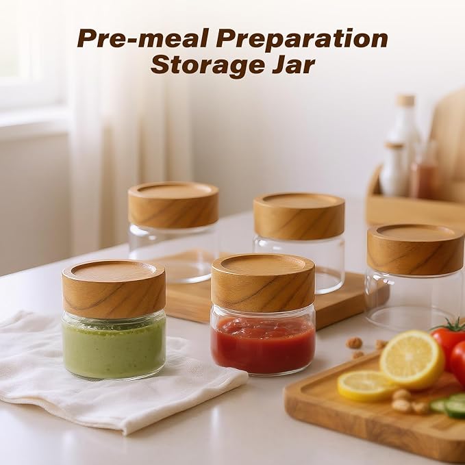 6-Pack 4 fl oz Stackable Airtight Glass Jars (with Acacia Wood Lids + Sticker Labels) – Small Mason Jars designed for overnight oats, spices, dry goods, and kitchen organization.