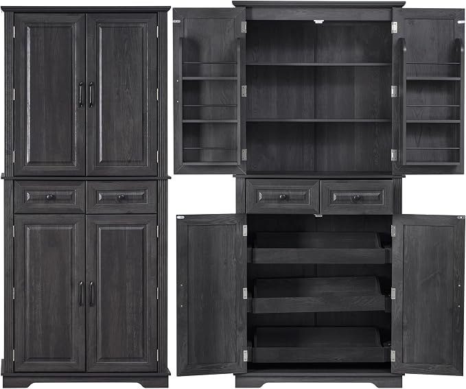 71.2" Tall Kitchen Pantry Cabinet with 3 Pull Out Cabinets Organizer, Farmhouse Embossed Texture Storage Cabinet with 6 Door Shelves, 2 Drawers, Black Freestanding Cupboard for Kitchen, Dining Room