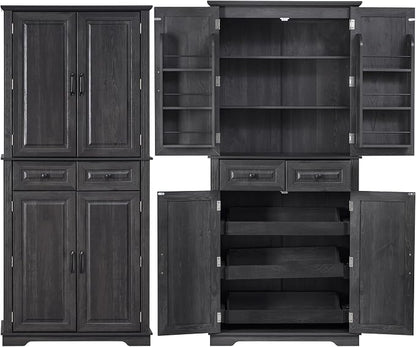 71.2" Tall Kitchen Pantry Cabinet with 3 Pull Out Cabinets Organizer, Farmhouse Embossed Texture Storage Cabinet with 6 Door Shelves, 2 Drawers, Black Freestanding Cupboard for Kitchen, Dining Room