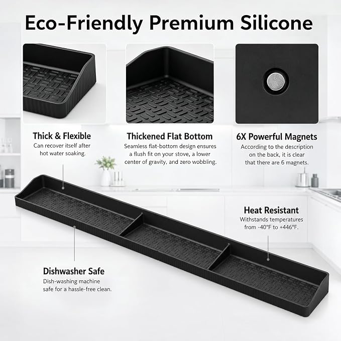 Magnetic Stove Top Shelf, Over the Stove Shelf Spice Rack & Spice Organizer – 30" Heat Resistant Silicone Stove Shelf, No Drill Kitchen Storage Organizer for Gas/Electric Stoves & Small Kitchens