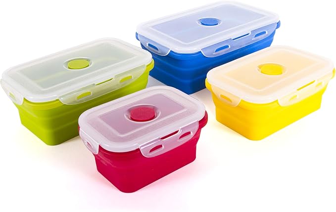 Kitchen Home Thin Bins Collapsible Containers – Set of 4 Rectangle Silicone Food Storage Containers – BPA Free, Microwave, Dishwasher and Freezer Safe