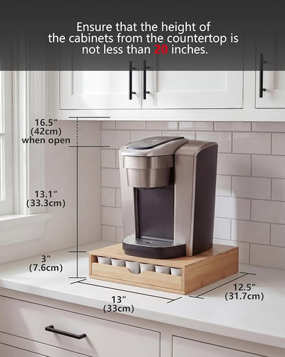 Bamboo Coffee Pod Drawer Organizer Compatible with K-Cups, Under Cabinet Coffee Station Storage Rack, Natural Wood Capsule Holder for 36 Pods, Countertop Coffee Machine Stand