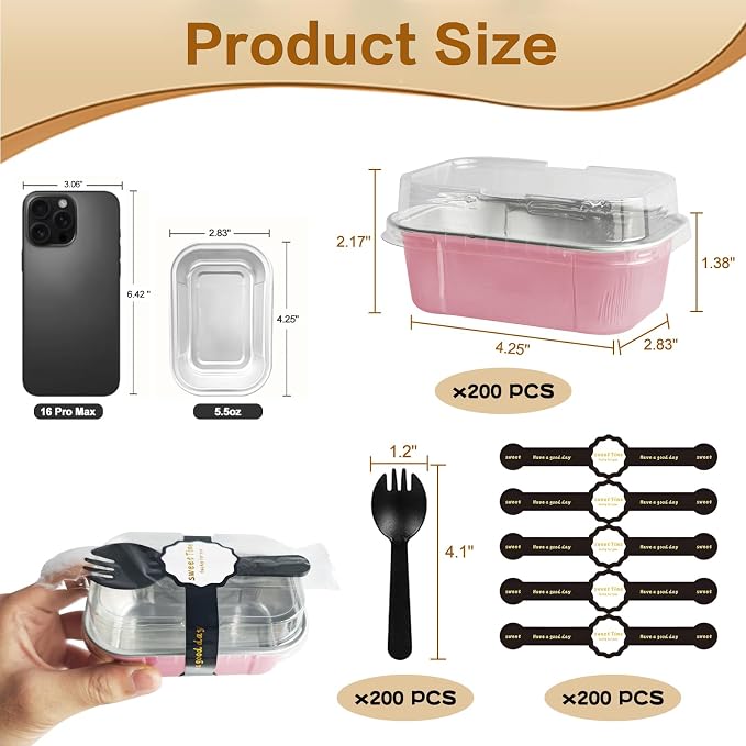 Mini Cake Pans With Lids And Spoons,5.5 oz Rectangle Mini individual Loaf Pans Disposable Aluminum Foil Small Baking Cups Tins (200, Pink)