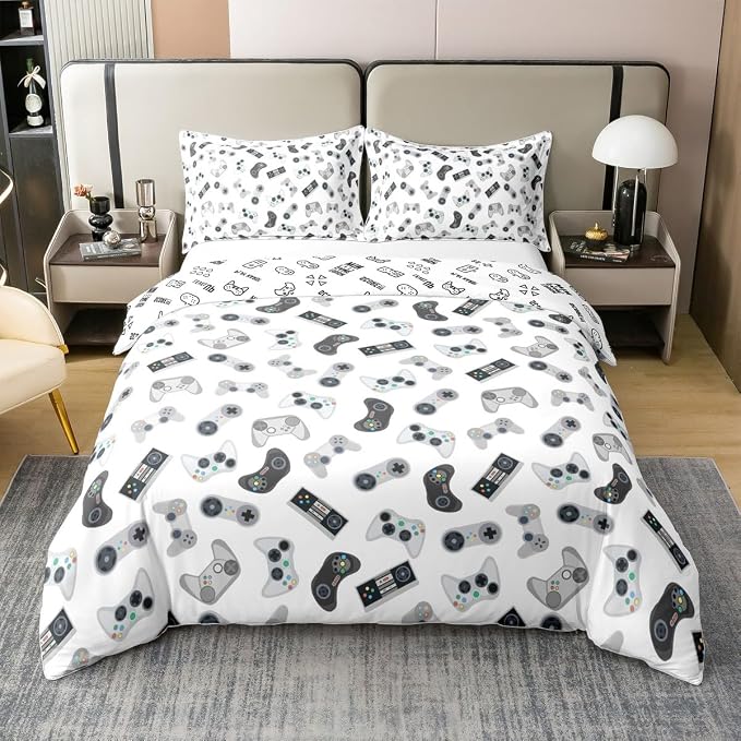 Castle Fairy 100% Pure Cotton Teens Gaming Duvet Cover Set Queen for Kids Boys Kids Video Game Gamepad Bedding Set Gamer Controller Comforter Cover with 2 Pillowcases,Ultra Soft