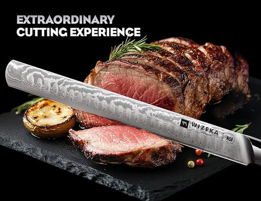 WIZEKA 12 Inch Damascus Slicing Knife - Ultra Sharp, Full Tang Carving Knife with G10 Handle, Great for Slicing Roasts, Meats, Fruits