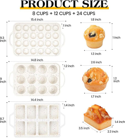 3 Pcs Silicone Baking Pan Set with Metal Reinforced Frame- Including Mini Loaf Pan, Standard Muffin Pan and Mini Muffin Pan（Cream）
