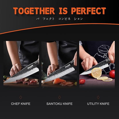 Huusk Japanese Chef Knife Set - Hand Forged Kitchen Knives for Meat Cutting - ATS-34 Carbon Steel Knives Set with Wooden Handle - Viking Cooking Knife Sets for BBQ Christmas Gift for Men and Women