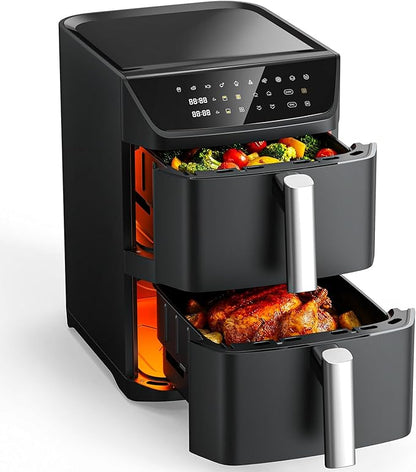 Dual Basket Air Fryer, 12.6QT Family-Size for 10–12 People, XL Basket for 6LB Whole Chicken, DoubleStack Compact Design, 10-in-1 Functions with Reheat, Dehydrate & SyncFinish, Dishwasher-Safe, Black
