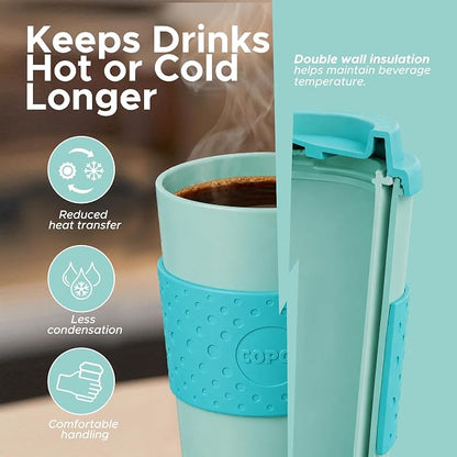 Copco Acadia 16oz Travel Mug with Lid, Set of 2 Double Wall Insulated Tumbler, Non-Slip Sleeve and BPA-Free - Microwave & Dishwasher Safe, Reusable Plastic To Go Travel Coffee Mug (Aqua/Mint)