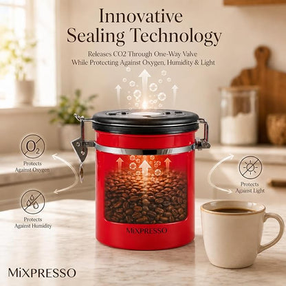 Mixpresso 16 Oz Red Coffee Canister, Stainless Steel Airtight Coffee Container, Air tight Jar Tea Storage with Date Tracker, Vacuum Sealed Espresso Airtight Canister, Sugar Container for Home