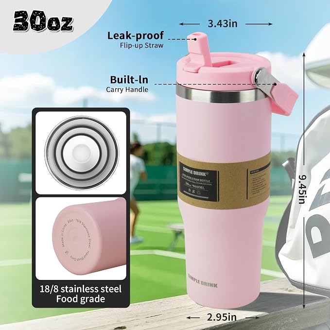 30oz Flip Straw Insulated Tumbler with Handle, Leak Proof Stainless Steel Water Bottle, Double Wall Vacuum Travel Coffee Mug for Cold Drinks, Gym Office Travel Essentials