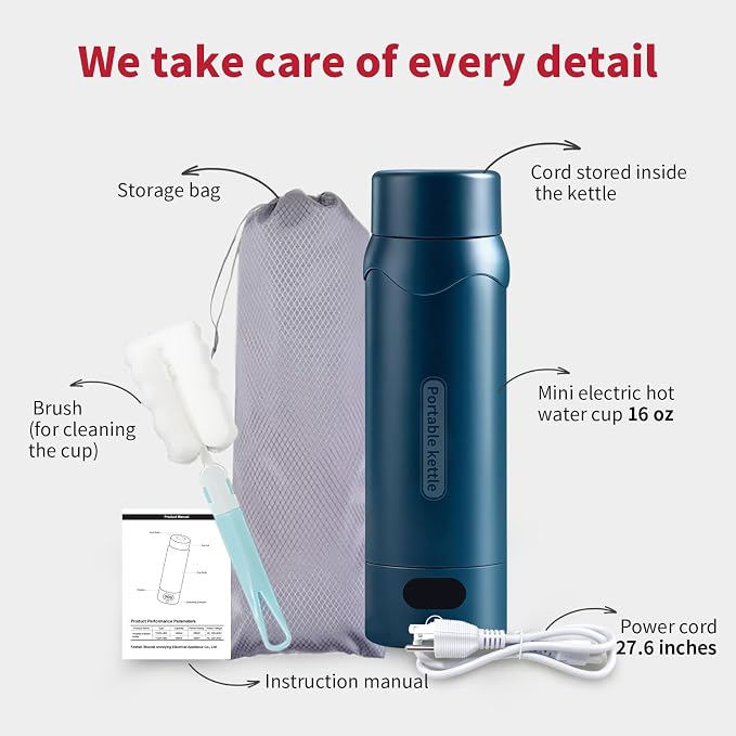 Insulated Stainless Steel Electric Kettle Small, Smart Water Bottle with 4 temperature control, Leak-Proof, Mini Travel Essentials Portable Office Gifts for Tea Lovers, Dark Blue