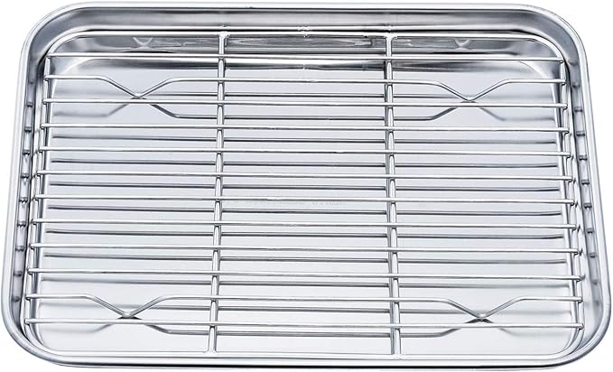 TeamFar Toaster Oven Pan Tray with Cooling Rack, 10.4''x 8.1''x1'', Stainless Steel Toaster Ovenware Pan, Healthy & Non Toxic, Rust Free & Easy Clean - Dishwasher Safe