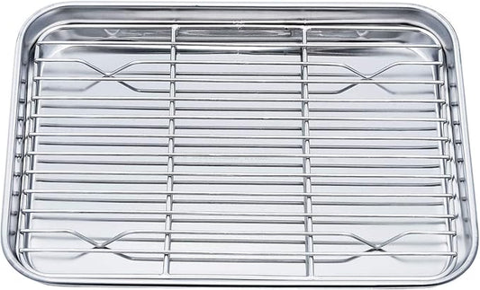 TeamFar Toaster Oven Pan Tray with Cooling Rack, 10.4''x 8.1''x1'', Stainless Steel Toaster Ovenware Pan, Healthy & Non Toxic, Rust Free & Easy Clean - Dishwasher Safe
