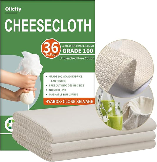 Olicity Cheese Cloths, Grade 100, 36 Sq Feet, Reusable Cheese Cloth with Closed Edges Fabric Fine Mesh Cloth, Unbleached Cotton Muslin Cheesecloth for Straining,Bread,Tea,Crafts,Free Cutting - 4 Yards