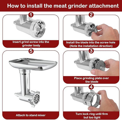 Meat Grinder & Slicer Shredder Attachments for KitchenAid Stand Mixer, Meat Grinder with 2 Size Sausage Stuffer Tubesand and 4 Types Slicer Shredder Combination Set for Mincing Meat/Chopping Food