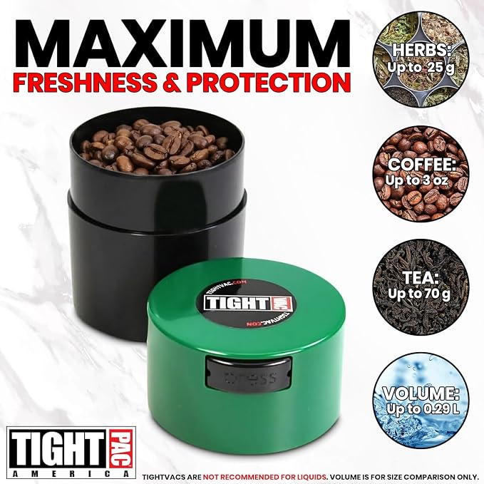 Tightvac - Premium Airtight Herb Storage Container - Holds ½ oz to 3 ounces - Keep Your Herbs and Dry Goods Fresh and Flavorful. Black Green