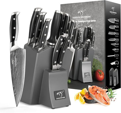 Damascus Kitchen Knife Set with Block, 9-Piece 67-Layer VG10 Damascus Steel Knife Set with Triple-Rivet Handles, Chef, Santoku, Utility, Bread & Paring Knives, Sharpener, Shears, Grey