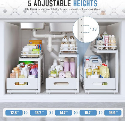 Under Sink Organizer Upgrade To Professional Rails,2-Tier Dual Pull Out Cabinet Storage,Height Adjustable Slide Out Drawers For Bathroom Kitchen,2 Pack-18.5"Dx12.8"-16.9"H,White