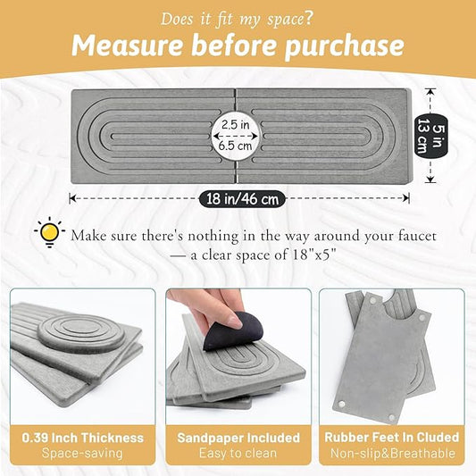 Diatomite Kitchen Sink Water Splash Guard, 18'' Drying Neat Stone Sink Tray, Modern Stylish Faucet Handle Drip Catcher Stone, Absorbent Mat for Kitchen Counter, Gift for Valentine's Day, Light Gray