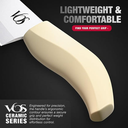 Vos ceramic knives set for kitchen in gift box, set of 2 ceramic knife with cover, 5.5" santoku & 4.5" utility for home cooks, Ultra Sharp, lightweight, rust-free, dishwasher safe (Off-white handle)