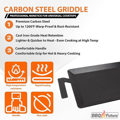 Carbon Steel Griddle for Gas Grill, Double Burner Griddle Compatible with Induction, Stove Top, Electric, Oven - 24" x 10" Professional Cookware for Cooktop, NonStick Griddle Pan