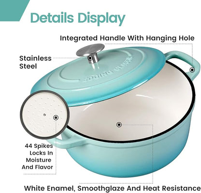 EDGING CASTING Enameled Cast Iron Covered 5.5 Quart Dutch Oven with Dual Handle for Bread Baking, Dutch Ovens with Lid, Peacock Blue