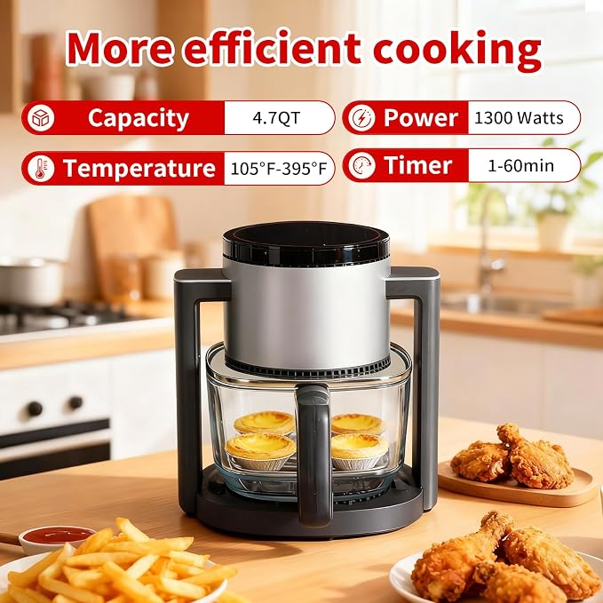 OLIXIS Glass Air Fryer 4.7Qt, Non Toxic Air Fryer with 10 Preset Cook Modes, 395°F Rapid Air Crispy Technology, Roast Bake Dehydrate Reheat, Nonstick & Easy-Clean Basket, 1300W