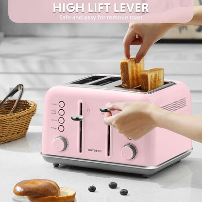BUYDEEM DT640 4-Slice Toaster, 7 Shade Settings, Extra Wide 1.5’’ Slots for Bagel & English Muffin, 6 Toasting Functions, Retro Stainless Steel Toaster with High Lift Lever, 1800W, Pink