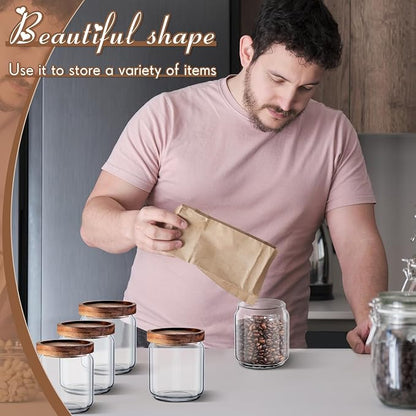 Irenare 8 Pack Glass Containers Canister Set, 17 oz Food Storage Spice Jars with Airtight Lids, Clear Kitchen Containers for Coffee Sugar Tea Beans Nuts Candy Pantry Organization (Wood)