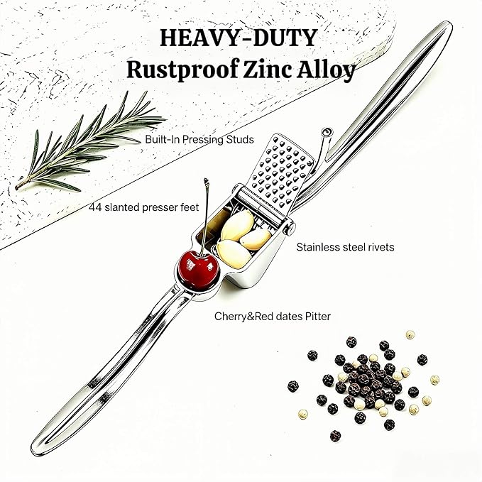Garlic Press, Zinc Alloy Garlic Ginger Crusher & Mincer Tool Heavy Duty Garlic Mincer & Grinder with Large Chamber Multiple Studs Dishwasher Safe Ergonomic Handle Easy Squeeze Kitchen Essential