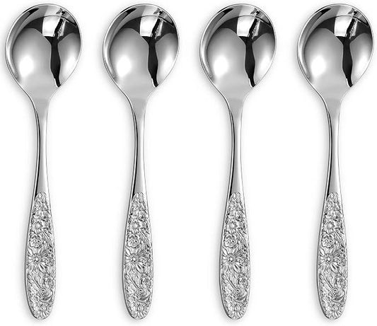 KEAWELL Sunflower Soup Spoon, Set of 4, 18/10 Stainless Steel, Bouillon Spoon, Dishwasher Safe, Fine Mirror Polished