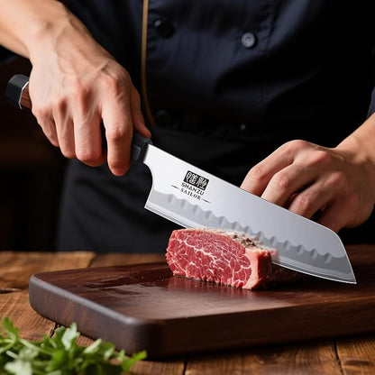 SHAN ZU 7 Inch Japanese Chef Knife, 9 Layers 10Cr15MoV High Carbon Steel Professional Kitchen Knife, Sharp Cooking Knife with Ergonomic Red Sandalwood Handle, Meat Cutting Sashimi Santoku Knife