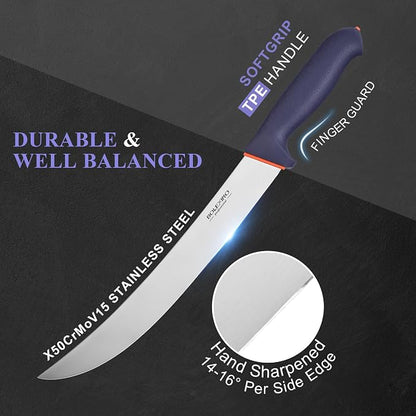 10.5 inch Curved Cimeter Knife W/Non-slip Softgrip,Professional Butcher Knife For Meat Cutting, X50CrMoV15 Stainless Steel, Ideal for Hunting, Kitchen & Home Use