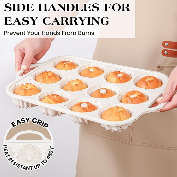 2 Pc Silicone Mini Fluted Tube Cake Pans with Metal Frame, 6-Cavity Non-Stick Moldes De Silicona Para Gelatina, Mini Flan Molds for Cupcake, Donuts, Muffin, Cornbread, Brownie, Jellies (Cream)