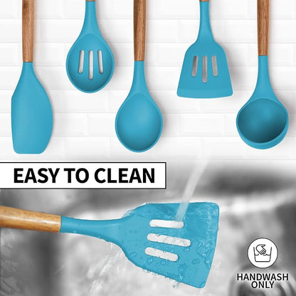 Zulay Kitchen Non-Stick Cooking Utensils Set with Authentic Acacia Wood Handles – 5-Piece Durable & Stylish Silicone Kitchen Utensils Set – Heat Resistant to 464°F – Blue