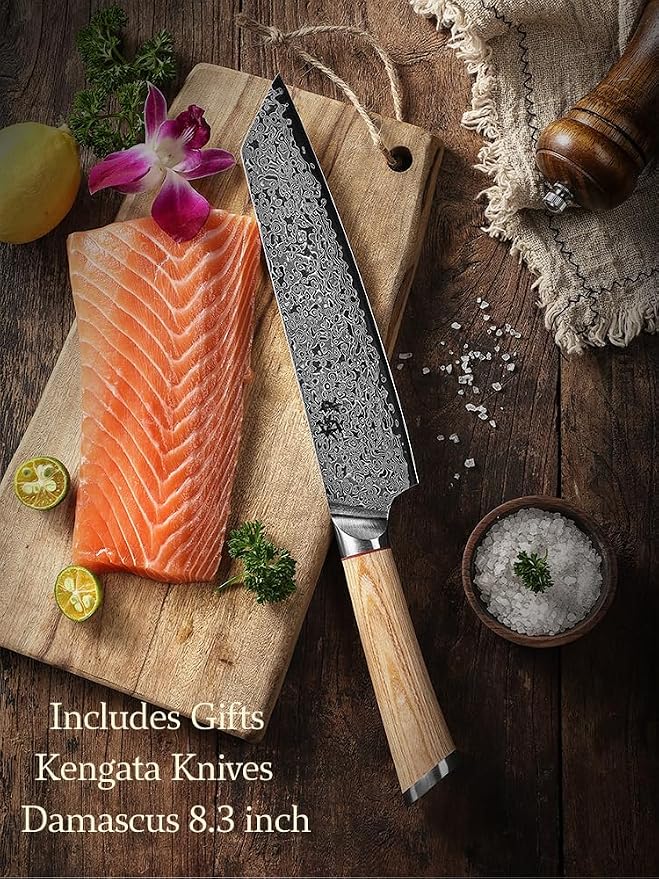 DONGSUN 8 Inch Damascus Kiritsuke Chef Knife with North American Black Walnut Sheath, Professional K-Tip Japanese Kitchen Knife 67-Layer VG10 Forged Steel, Durable Sharpness
