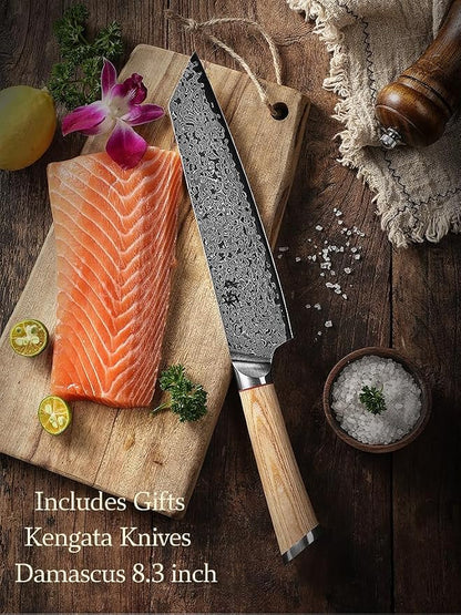 DONGSUN 8 Inch Damascus Kiritsuke Chef Knife with North American Black Walnut Sheath, Professional K-Tip Japanese Kitchen Knife 67-Layer VG10 Forged Steel, Durable Sharpness