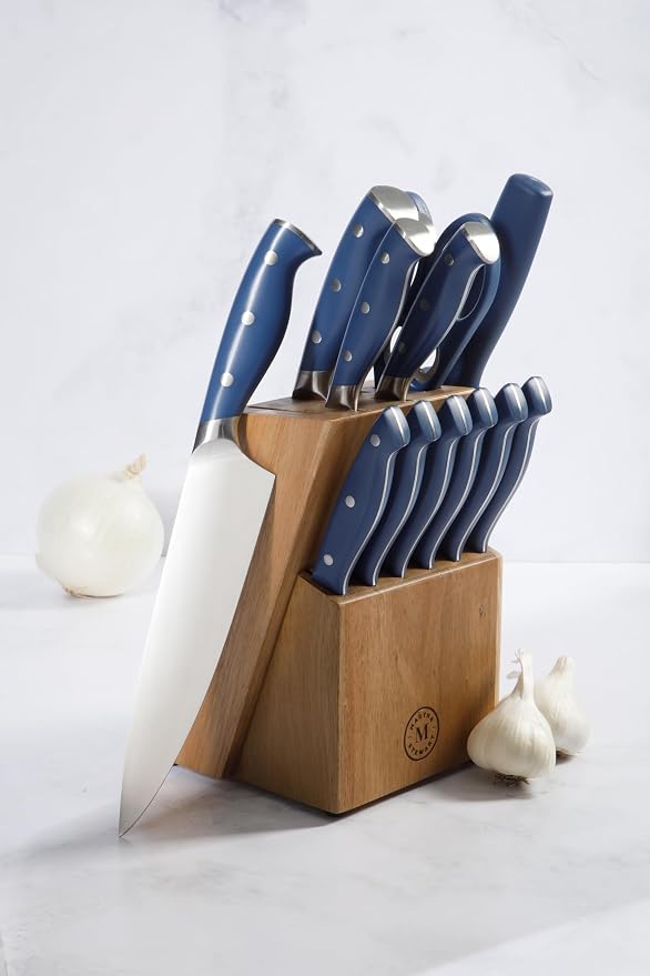 Martha Stewart Greeley Forged High Carbon Stainless Steel 14 Piece Knife Block Set, Navy Blue Kitchen Knife Set with Acacia Wood Block, Chef Knife, Bread Knife, Steak Knives