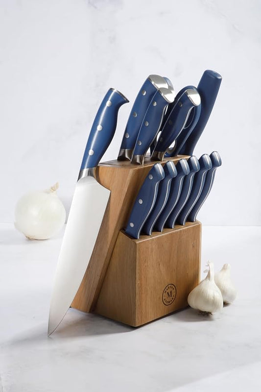 Martha Stewart Greeley Forged High Carbon Stainless Steel 14 Piece Knife Block Set, Navy Blue Kitchen Knife Set with Acacia Wood Block, Chef Knife, Bread Knife, Steak Knives