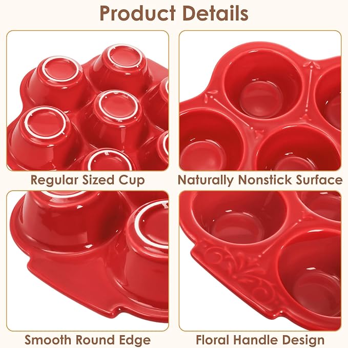 Youeon 2 Pack Red Ceramic Muffin Pans, 7 Cup Nonstick Cupcake Baking Pans with Floral Handles, Oven & Dishwasher Safe Muffin Tins for Muffins, Cupcakes, Mini Cheesecakes, Holiday Baking Gift