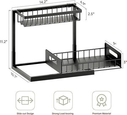 Under Kitchen Sink Organizer 2 Tier, Pull Out Bathroom Sink Organizers and Storage, Cabinet Kitchen Bathroom Storage Organization Shelf, 1 Pack Black