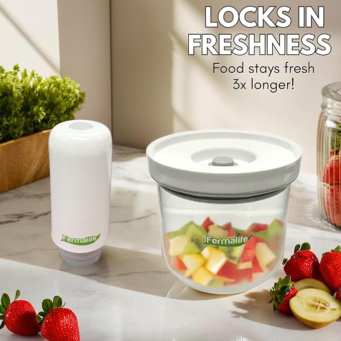 FERMALIFE Vacuum Seal Jar – Airtight Food Storage, Preserves Freshness, Meal Prep & Pantry Organization, 15oz, White (Electric Vacuum Pump Included)
