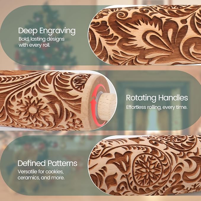 Embossed Rolling Pin for Baking Cookies Christmas Embossing Rolling Pins with Design Wooden Engraved Springerle Roller Pin Dough Patterned Clay Pottery Ceramic Bakers Women (Flower Snowflake Paisley)